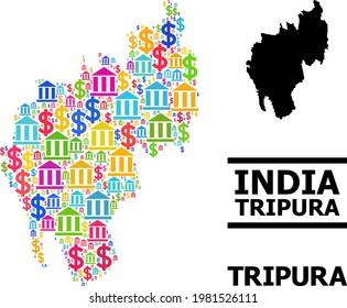Bright colored bank and business mosaic and solid map of Tripura State. Map of Tripura State vector mosaic for business campaigns and doctrines.