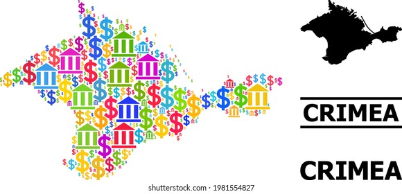 Bright colored bank and business mosaic and solid map of Crimea. Map of Crimea vector mosaic for business campaigns and promotion. Map of Crimea is formed from colorful dollar and bank icons.