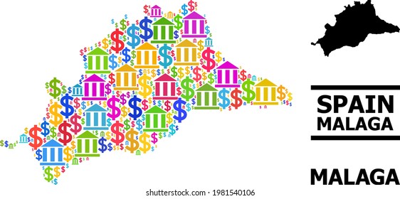Bright colored bank and commerce mosaic and solid map of Malaga Province. Map of Malaga Province vector mosaic for promotion campaigns and projects.