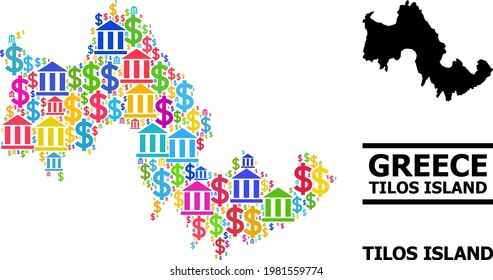 Bright colored bank and commerce mosaic and solid map of Tilos Island. Map of Tilos Island vector mosaic for advertisement campaigns and propaganda.