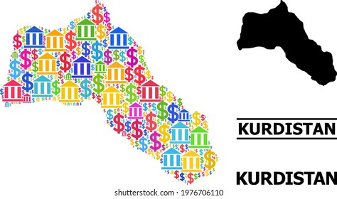 Bright colored bank and commercial mosaic and solid map of Kurdistan. Map of Kurdistan vector mosaic for promotion campaigns and proclamations.