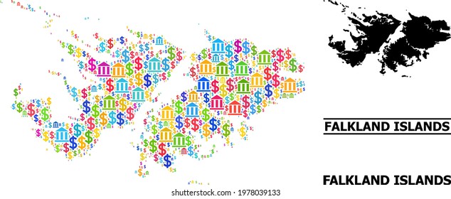Bright colored bank and dollar mosaic and solid map of Falkland Islands. Map of Falkland Islands vector mosaic for promotion campaigns and propaganda.
