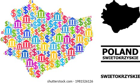 Bright colored bank and dollar mosaic and solid map of Swietokrzyskie Province. Map of Swietokrzyskie Province vector mosaic for business campaigns and agitation.