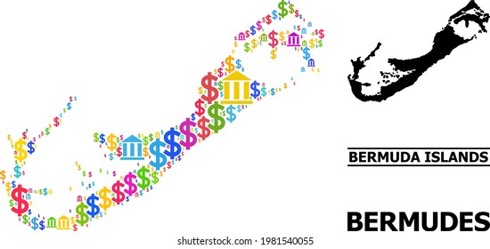 Banco de colores vivos y mosaico en dólares y mapa sólido de las islas Bermudas. Mapa del mosaico vectorial de las Islas Bermudas para campañas empresariales y agitación.