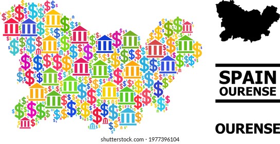 Bright colored bank and economics mosaic and solid map of Ourense Province. Map of Ourense Province vector mosaic for business campaigns and agitation.