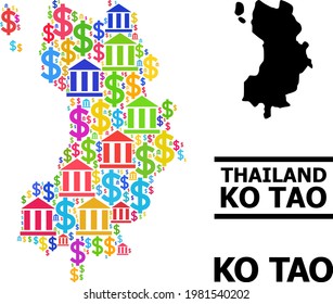 Bright colored bank and economics mosaic and solid map of Ko Tao. Map of Ko Tao vector mosaic for promotion campaigns and propaganda.