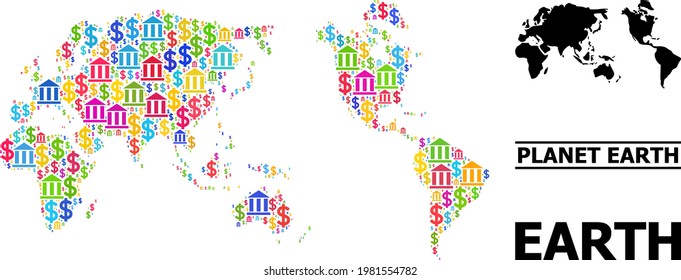 Bright colored bank and economics mosaic and solid map of Earth. Map of Earth vector mosaic for geographic campaigns and propaganda. Map of Earth is designed from colored bank and dollar symbols.