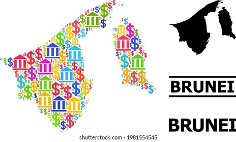 Bright colored banking and business mosaic and solid map of Brunei. Map of Brunei vector mosaic for promotion campaigns and promotion.