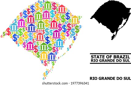 Bright colored banking and commerce mosaic and solid map of Rio Grande do Sul State. Map of Rio Grande do Sul State vector mosaic for promotion campaigns and agitation.