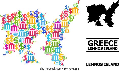 Bright colored banking and dollar mosaic and solid map of Lemnos Island. Map of Lemnos Island vector mosaic for GDP campaigns and doctrines.
