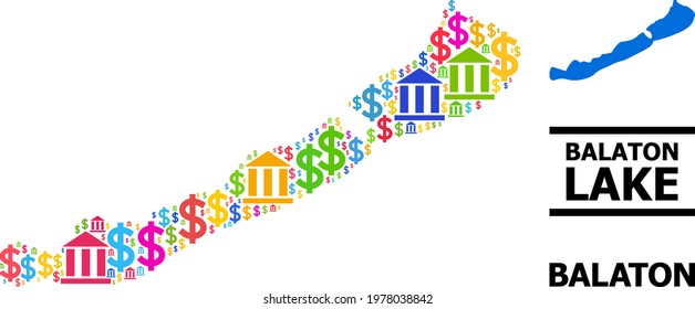 Bright colored banking and dollar mosaic and solid map of Balaton Lake. Map of Balaton Lake vector mosaic for GDP campaigns and projects.