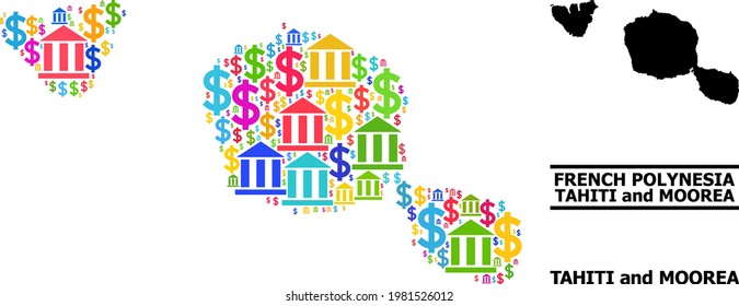 Helle farbige Banking- und Dollarmosaik und solide Karte der Inseln Tahiti und Moorea. Karte von Tahiti und Moorea Inseln Vektormosaik für Werbekampagnen und Zwecke.