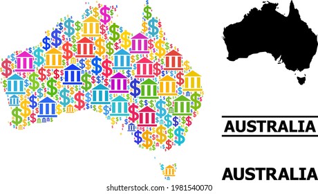 Bright colored banking and dollar mosaic and solid map of Australia. Map of Australia vector mosaic for promotion campaigns and posters.