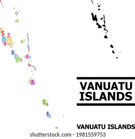 Banca de colores vivos y mosaico en dólares y mapa sólido de las Islas Vanuatu. Mapa del mosaico vectorial de las Islas de Vanuatu para campañas empresariales y carteles.