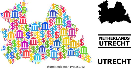 Bright colored banking and money mosaic and solid map of Utrecht Province. Map of Utrecht Province vector mosaic for ads campaigns and promotion.