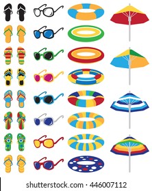 bright colored beach icons on a white background: flip flops, floaties, sunglasses and a umbrella