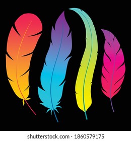 Bright colored bird feathers collection. Neon gradient fill elegant feather. Orange, pink, blue, violet, green, yellow colors. Colorful set of feathers