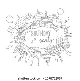 Bright colored Birthday elements. Birthday party invitation or banner. Birthday cakes illustration. Doodle style drawing of cakes with candles, balloons, presents, confetti, sweets