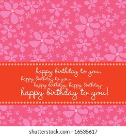 Bright colored birthday greeting card with retro flower pattern in pink, red, white.