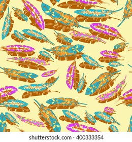Bright colored boho chic style seamless pattern. Hand drawn feathers print template for textile, paper, wrapping, gift cards, bags, etc.
