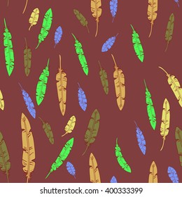 Bright colored boho chic style seamless pattern. Hand drawn feathers print template for textile, paper, wrapping, gift cards, bags, etc.