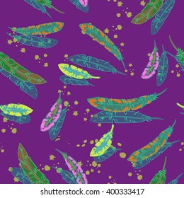 Bright colored boho chic style seamless pattern. Hand drawn feathers print template for textile, paper, wrapping, gift cards, bags, etc.
