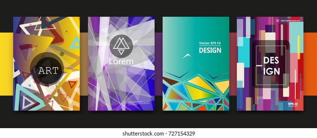 Bright colored book binder. Brochure cover design. Title sheet model set. Modern front page art. Red, yellow, green, purple info board. Dots, lines plexus, circle, triangles icon. Ad flyer text font