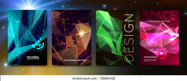 Bright colored book binder mockup. A4 brochure cover design. Title sheet model set. Modern vector front page art. Info board frame. Dots, line plexus, cosmic star light, space icon. Ad flyer text font
