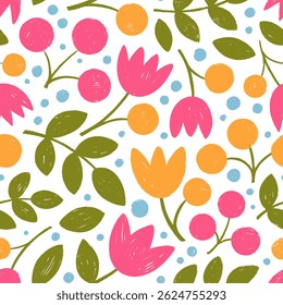 Bright colored botanical seamless pattern with crayon drawn branches, leaves, flowers and berries. Hand drawn vector decorative wrapping paper. Naive funky wallpaper in childish girly style.
