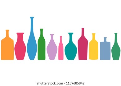 Bright colored bottles in a row, different type of bottles collection, horizontal flat decoration