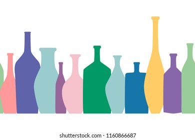 Bright colored bottles in a row, different type of bottles collection, horizontal flat decoration, vector