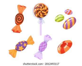 Bright colored candies for Halloween celebration. Colored caramel. Vector illustration isolated on white background.