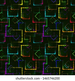 Bright colored carved squares and neon rhombuses for an abstract green background or pattern. Excellent mood of openwork and carved squares and frames in the maze.