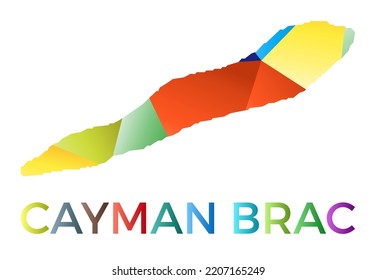 Bright colored Cayman Brac shape. Multicolor geometric style island logo. Modern trendy design. Astonishing vector illustration.