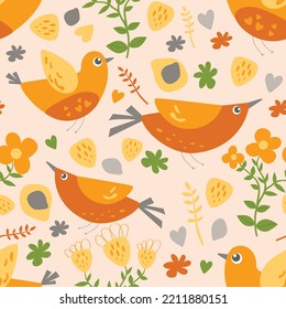 bright colored childish seamless pattern with yellow birds, flowers, berries and twigs