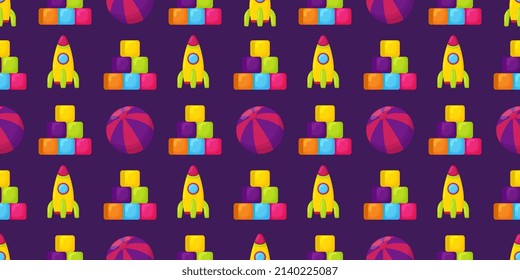 Bright colored children cubes, rocket and ball seamless pattern