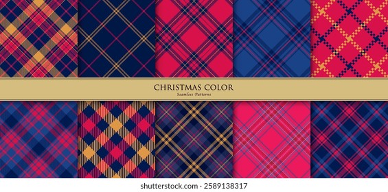 Bright colored Christmas checkered seamless patterns include 10 designs