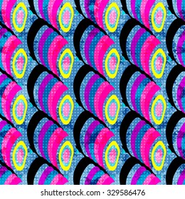 Bright colored circles on a blue background. Seamless geometric pattern.