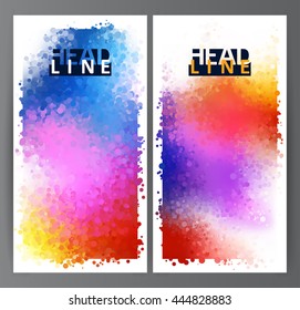 Bright colored circles on the multicolor background. Rainbow stains. Set of two abstract banner. 