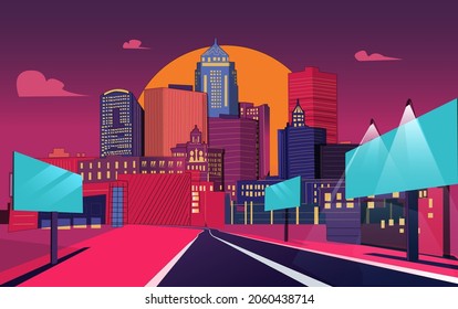 Bright colored cityscape. Street of town vector, city with road , many 
high-rise buildings, skyscrapers. Big boards with glowing bulbs. Empty downtown road. Sunset, evening