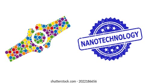 Bright colored collage artificial bone joint, and Nanotechnology textured rosette stamp seal. Blue stamp seal includes Nanotechnology tag inside rosette.