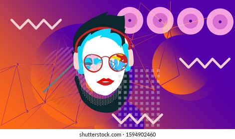 Bright colored collage baner in a Zine Culture style. Young girl in earphones. Poster, t-shirt composition, geometry flat style print. Vector illustration.