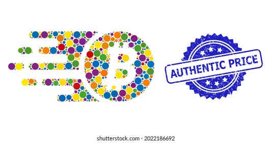 Bright colored collage bitcoin coin, and Authentic Price grunge rosette stamp seal. Blue stamp has Authentic Price text inside rosette.