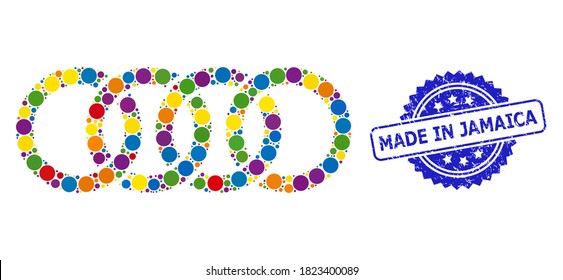 Bright colored collage circle chain, and Made in Jamaica corroded rosette stamp seal. Blue stamp seal includes Made in Jamaica text inside rosette.