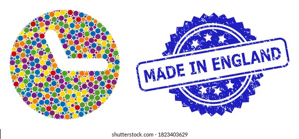 Bright colored collage clock, and Made in England grunge rosette seal imitation. Blue stamp seal has Made in England caption inside rosette.