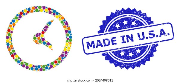 Helle farbige Collage-Uhr und Made in U.S.A. gekratzte Rosette-Briefmarke. Blauer Stempel enthält Made in U.S.A. Titel in Rosette.