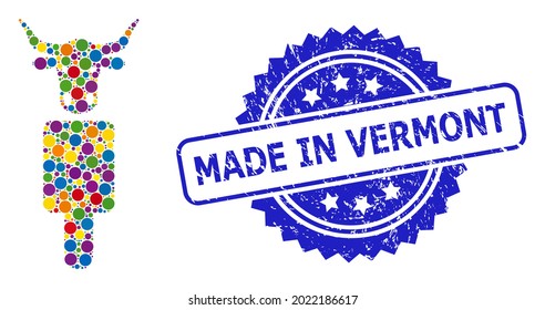 Bright colored collage cow man, and Made in Vermont textured rosette stamp seal. Blue stamp seal has Made in Vermont title inside rosette.