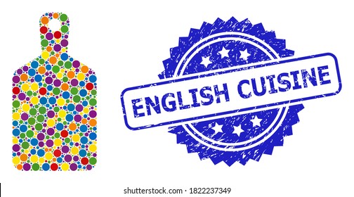 Bright colored collage cutting board, and English Cuisine textured rosette seal imitation. Blue stamp seal contains English Cuisine text inside rosette.