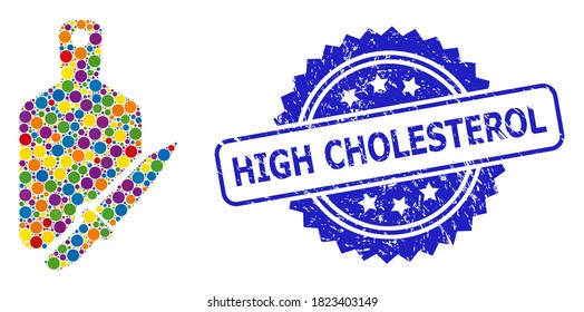 Tablero de corte y cuchillo de colage de color brillante y sello de rosette rascado con alto colesterol. El sello azul contiene texto de colesterol alto dentro de la roseta.