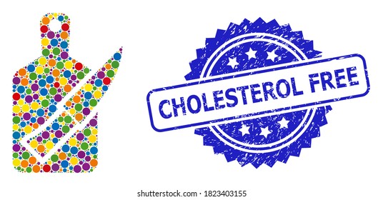 Tablero y cuchillo de coloración de color brillante, y huella de sello de rosette sucia de colesterol libre. El sello azul incluye el subtítulo "Libre de colesterol" dentro de la roseta.